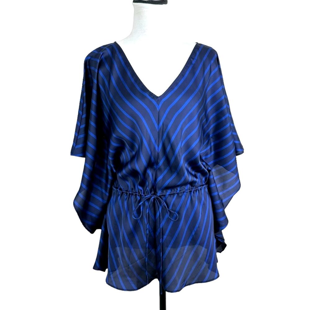 Lauren Ralph Lauren S/M Blue Stripe Kimono Sleeve Drawstring Satin Tunic Blouse